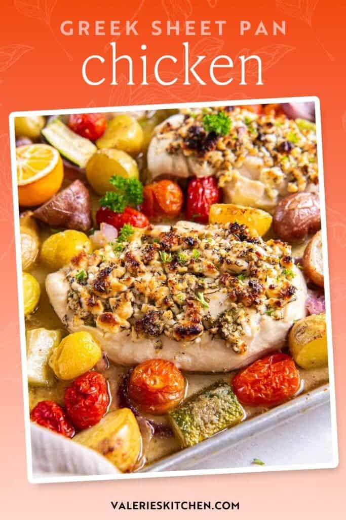 Greek sheet pan chicken on a blue dinner plate with vegetables with text overlay.